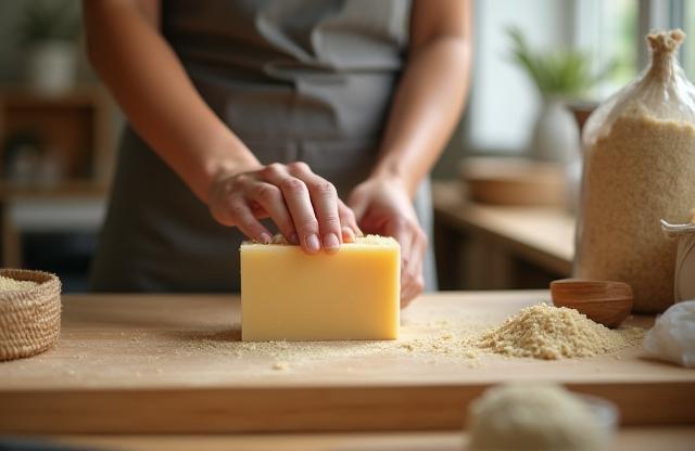 Artisan crafting natural soap by hand in a clean workshop setting.