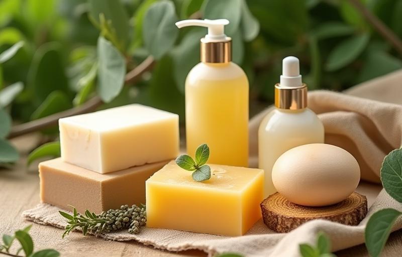 Beautifully arranged natural soaps and skincare products with green leaves and natural textures.