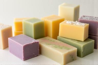 Variety of colorful handmade natural soap bars.