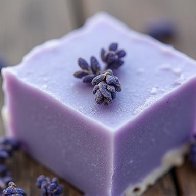 Closeup of a handmade lavender soap bar with visible lavender buds.