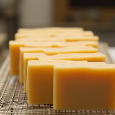Group of freshly made soap bars drying on a rack from a workshop.